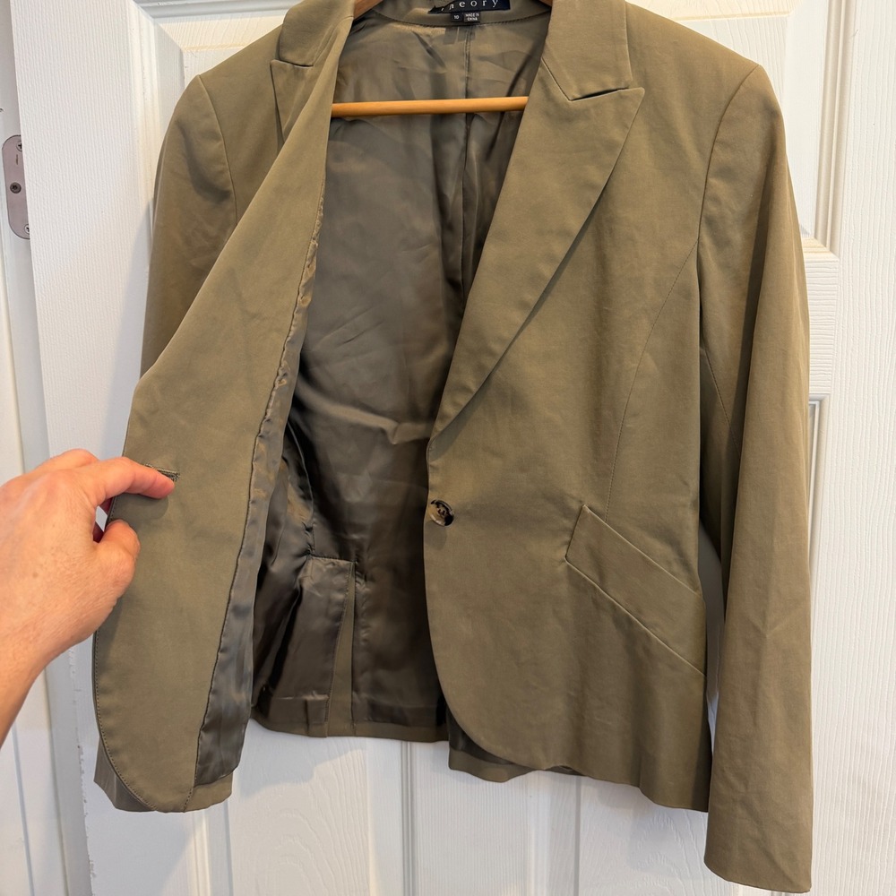 Theory Nana Gemma Blazer Cotton Khaki Olive Size 10 Quiet Luxury Officecore